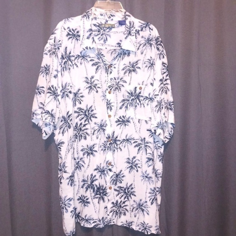 Campia Moda Mens XL White Blue Palm Tree Rayon Hawaiian Button Down Cruise Shirt